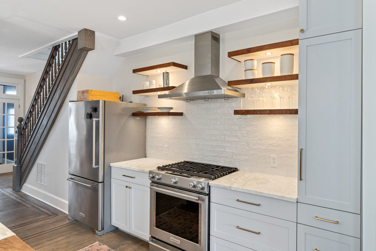 Shaker Kitchen Cabinetry & Walnut Floating Shelves